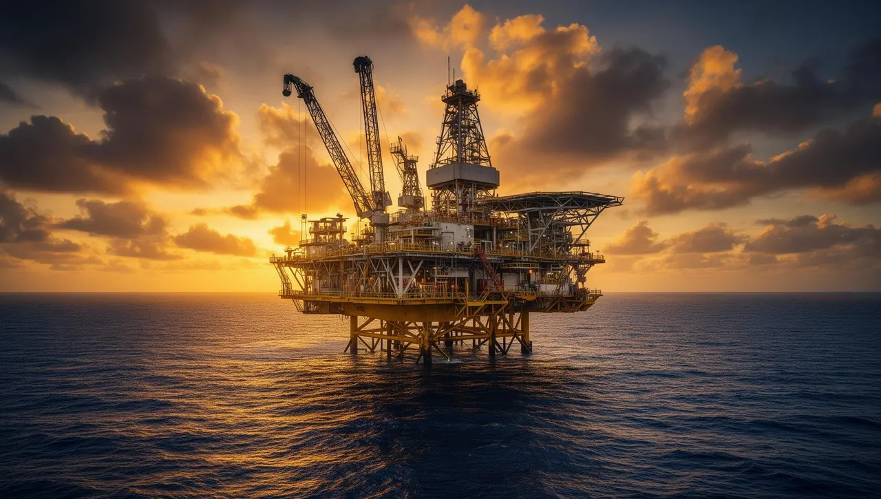 Offshore oil and gas platform at sunset